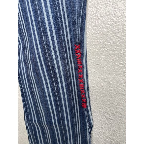 Rock & Roll Jeans 30 x 29 Blue Striped Denim Flared High Rise Red Embroidery - Picture 2 of 13